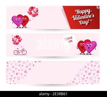 Banner Valentinstag setzen. Zwei liebevolle Herzen Paar. Valentinspaar. Niedliche Charaktere von Liebenden auf weißem Hintergrund. Vektorgrafik. Vorlage BA Stock Vektor