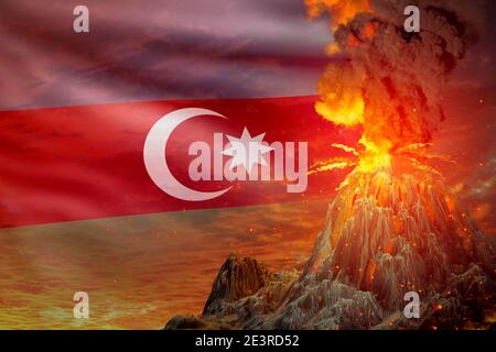 Vulkanausbruch bei Nacht mit Explosion auf Aserbaidschan Flagge Hintergrund, Probleme der Eruption und vulkanischen Erdbeben Konzept - 3D-Illustration o Stockfoto