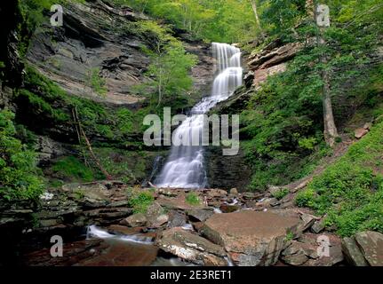 Cathedral Falls, auch bekannt als Gauley Bridge Waterfall, fällt 60 Meter, bevor sie in den New River in West Virginia münden Stockfoto