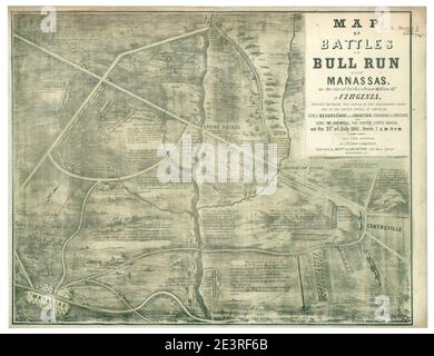 Karte von Schlachten auf Bull Run bei Manassas, 21. Juli 1861 auf der Linie von Fairfax & Prince William Co(unti)es in Virginia, gekämpft zwischen den Kräften der Konföderierten Staaten und der Vereinigten Staaten Stockfoto