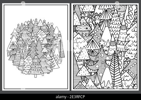 Malvorlagen mit niedlichen Weihnachtsbäumen gesetzt. Doodle Winter Vorlagen Stock Vektor