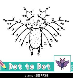 Dot to dot Zahlen Spiel mit einem niedlichen Fledermaus. Verbinden Sie die Punkte-Aktivitätsseite für Kinder Stock Vektor