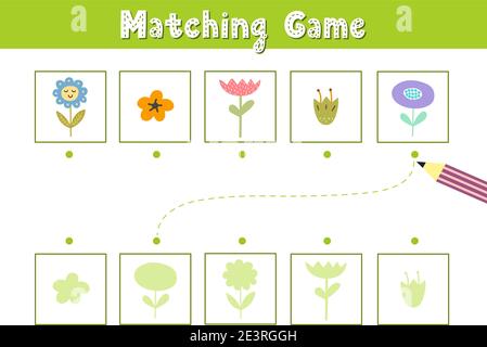Suchen Sie den richtigen Schatten. Passende Spiel mit niedlichen Blumen. Lustige Aktivitätsseite für Kinder Stock Vektor