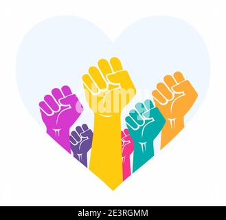 Rassisch-verschiedene Menschen die Hände mit Fäusten in der Luft in einer Herzform angehoben. Symbol der Liebe und Einheit. Symbol für Vielfalt, Gemeinschaft und Solidarität. Stock Vektor