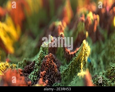 Streuen Sie topografische Landschaft basierend auf bunten Würfel. Abstrakter Hintergrund mit Tiefenschärfe in Grün, Orange und Gelb. 3d-Rendering illust Stockfoto