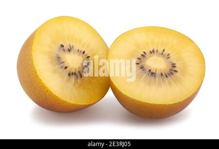 In Scheiben geschnitten Golden Kiwi Pfad isoliert auf weißem Stockfoto