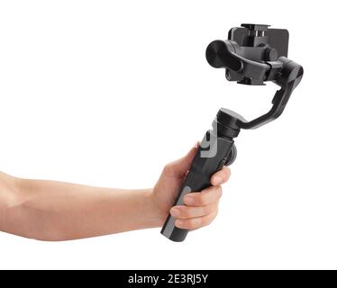 Smartphone Gimbal in der Hand isoliert auf weiß Stockfoto