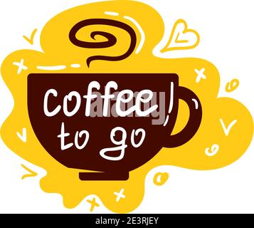 Logo für Kaffeetassen. Kaffee Tassen Farbe Banner auf weißem Hintergrund mit Text - Kaffee zu gehen. Stock Vektor
