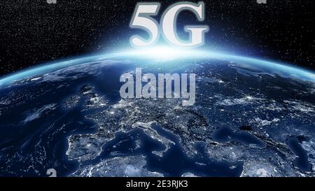Globale 5G-Netzverbindung. Konzept der Weltkarte. Dunkelblauer Hintergrund