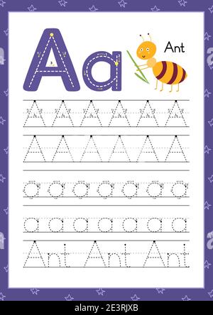 Brief A. Übungsblatt zum Schreiben. Learning Alphabet niedlich Aktivität Seite Stock Vektor