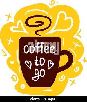 Logo für Kaffeetassen. Kaffee Tassen Farbe Banner auf weißem Hintergrund mit Text - Kaffee zu gehen. Stock Vektor