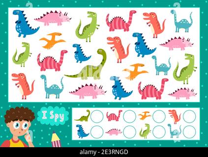 Ich spioniere Spiel für Kinder. Finde und zähle die niedlichen Dinosaurier. Suche das gleiche Dino Puzzle Stock Vektor