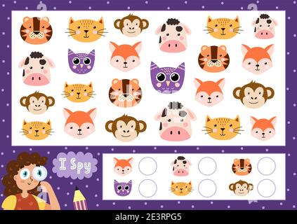 Ich spioniere Spiel für Kinder. Finde und zähle die niedlichen Tiere. Suche das gleiche Tier Puzzle für Kinder Stock Vektor