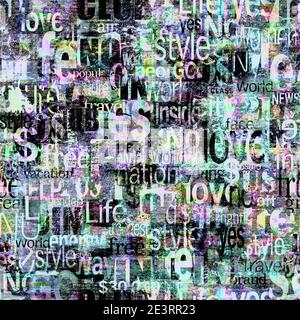 Abstrakte Grunge städtischen geometrischen Wörter, Buchstaben nahtlose Muster. Alte Zeitung, Zeitschrift texturierten Papier Hintergrund. Mehrfarbige Collage wiederholender Text Stockfoto