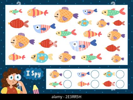 Ich spioniere Spiel für Kinder. Finde und zähle die niedlichen Fische. Sea Life Puzzle für Kinder Stock Vektor