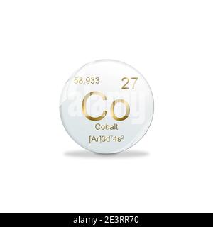 3D-Illustration, Kobaltsymbol - Co. Element des Periodensystems auf weißer Kugel mit goldenen Zeichen. Weißer Hintergrund Stockfoto