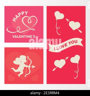 Happy Valentinstag Lettering-Karte mit Herzen und Engel Amor Festlegen von Symbolen für Vektorgrafik Stock Vektor
