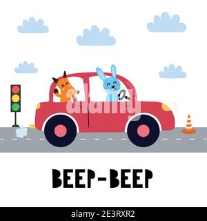 Beep Beep Druck mit niedlichen Kaninchen und Fuchs fahren das rote Auto. Witziger Hintergrund Stock Vektor