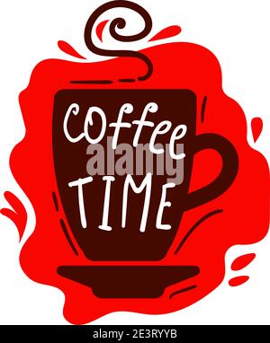 Logo für Kaffeetassen. Kaffeetassen Farbe Banner auf weißem Hintergrund mit Text - Kaffee Zeit. Stock Vektor