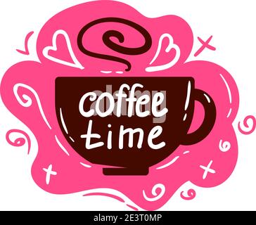 Logo für Kaffeetassen. Kaffeetassen Farbe Banner auf weißem Hintergrund mit Text - Kaffee Zeit. Stock Vektor