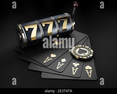 3d Rendering von Slot Maschine mit Chips und Spielkarten, Clipping-Pfad enthalten. Stockfoto