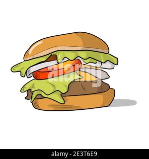 Bunte Hamburger Vektor-Illustration von Hand gezeichnet mit schwarzen Linien und Schatten auf weißem Hintergrund isoliert Stock Vektor