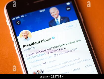US-Präsident Joe Biden offizieller Twitter-Account an dem Tag, an dem er als 46. Präsident der Vereinigten Staaten vereidigt wird. Stockfoto