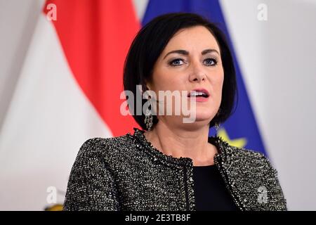 Wien, Österreich. 19. Januar 2021. Pressekonferenz mit Tourismusministerin Elisabeth Köstinger (ÖVP) zum Thema "Aktuelle Fragen zur Beschäftigung im Tourismus". Stockfoto