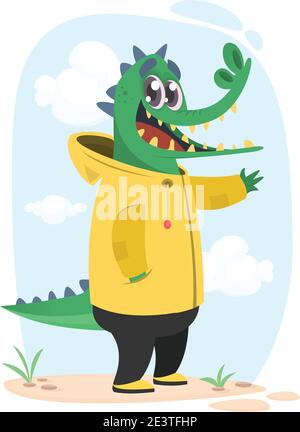 Cartoon Hipster Krokodil in einem gelben Regenmantel. Tier in Kleidung. Lässiger Stil. Cartoon Vektor Illustration. Anthropomorph. Stock Vektor