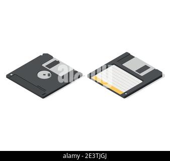 2 Seiten einer Diskette mit alter Technologie auf weißem Hintergrund isoliert. Vektordarstellung zur Datenspeicherung im isometrischen 3D-Stil. Stock Vektor
