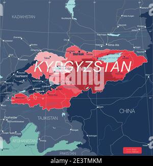 Kirgisistan Land detaillierte editierbare Karte mit Regionen Städte und Städte, Straßen und Eisenbahnen, geografische Standorte. Vector EPS-10-Datei Stock Vektor