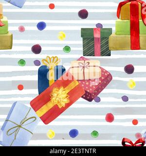 Muster mit Aquarell Illustration Geschenkboxen auf hellblaue Farbe Streifen Hintergrund Stockfoto