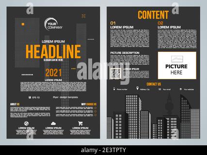 Vector Flyer, Corporate Business, Geschäftsbericht, Broschüren-Design und Cover-Präsentation mit Vektor-Stadt in orange Farbe auf schwarz Stock Vektor