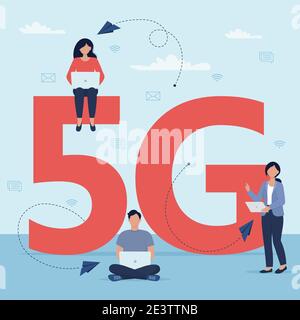 5G-Netz-Funktechnologie-Konzept. Menschen Charakter mit Gadgets verwenden High-Speed-Internet. Vektorgrafik im flachen Stil Stock Vektor