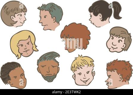 Vector Kollektion mit Gesichtern verschiedener Menschen mit verschiedenen Emotionen. Set von verschiedenen Comic-Figuren Gesichter. Stock Vektor