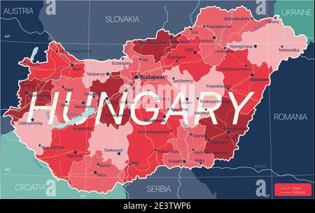 Ungarn Land detaillierte editierbare Karte mit Regionen Städte und Städte, Straßen und Eisenbahnen, geografische Standorte. Vector EPS-10-Datei Stock Vektor