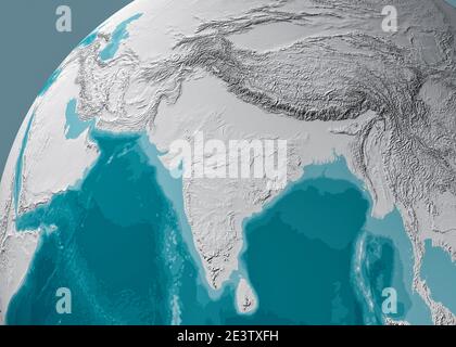 Weltkarte von Asien, Satellitenansicht, geographische Karte, Physik. Kartographie, Reliefatlas. 3d-Rendering. Indien, Sri Lanka, Pakistan, Nepal und Himalaya Stockfoto