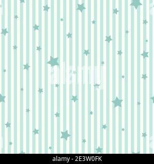 Nahtloses Muster mit Sternen auf gestreiftem türkisfarbenem Hintergrund. Shabby-Vektor-Illustration. Cosmos Textur für Papier, Verpackung und Stoff. Stock Vektor