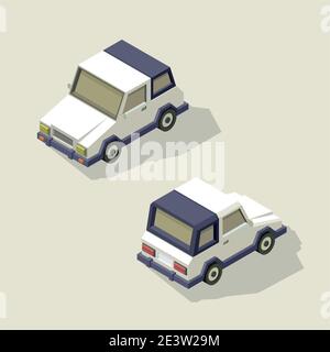 Vektor isometrische Auto Illustration. Vorder- und Rückseite des Fahrzeugs. Low Poly Auto auf weißem Hintergrund. Golfwagen. Isoliert. Stock Vektor