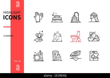 Reinigungsservices - Symbole für Liniendesign. Hausaufgaben und Hausarbeit Idee. Bilder von Reinigungsmitteln, Handschuhen, Bürste, Staubsauger, Schwamm Stock Vektor