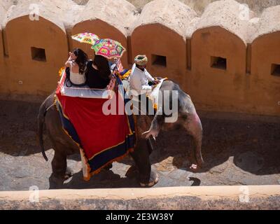 High-Angle-Ansicht der Elefanten bei Amber Fort in jaipur, indien Stockfoto