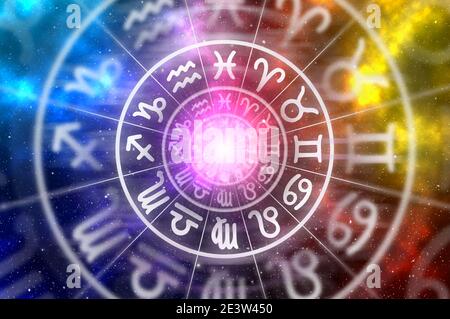 Sternzeichen innerhalb des Horoskopkreises - Astrologie und Horoskope Konzept Stockfoto