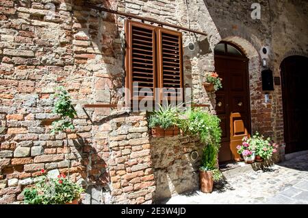 Fenster und Tür mit Blumen im Topf, altes Haus in Certaldo, Italien Stockfoto