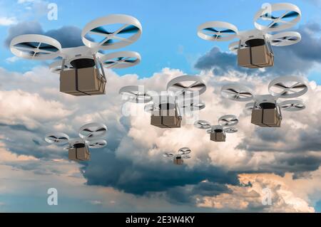 Viele Drohnen liefert Pakete - schnelle Mail-Konzept. 3D-Darstellung. Stockfoto
