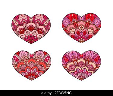 Vektorherzen gesetzt. Dekorative Mandala Ornament. Aufwändige Valentinstag-Kollektion Stock Vektor