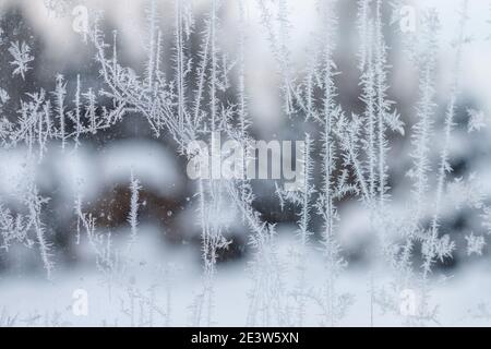 Ein kalter und frostiger Wintermorgen durch ein Fenster mit eisigen Flecken, Kristallmalerei auf Glas. Nahaufnahme gefrorener Eisspuren, Linien auf transperanter Oberfläche. Eiskristalle. Hochwertige Fotos Stockfoto