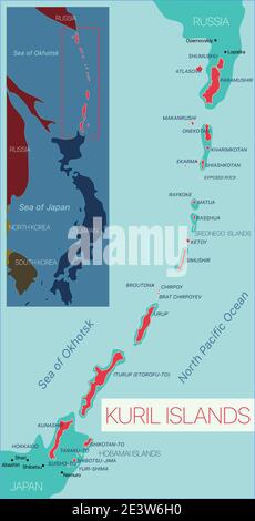 Kuril Islands detaillierte editierbare Karte. Vector EPS-10-Datei Stock Vektor