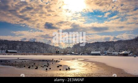 Winterpanorama mit Windmühlen und Gänsen auf dem See in Ein wolkiger, kalter Tag Stockfoto