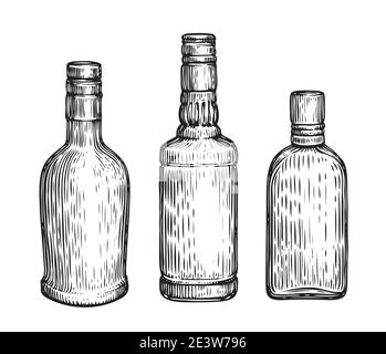 Set aus Glasflaschen. Alkoholische Getränke Skizze vintage Vektor Illustration Stock Vektor