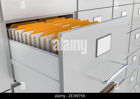 Öffnen Sie die Schublade des Aktenschranks mit Dokumenten im Inneren - Datenerfassungskonzept. 3D-Darstellung. Stockfoto